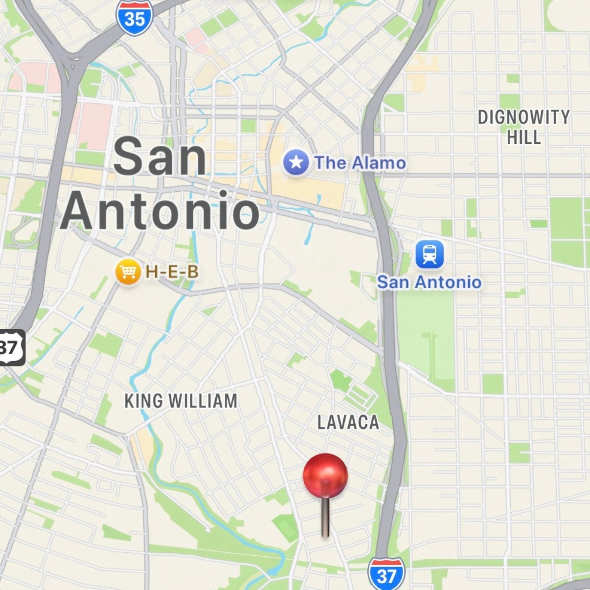 Map of San Antonio with a pin near South Central